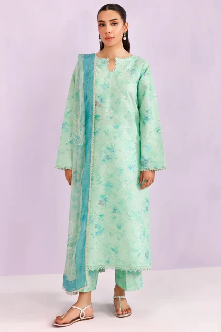 Printed Essentials’26 By Farasha - Unstitched | Mint Pine